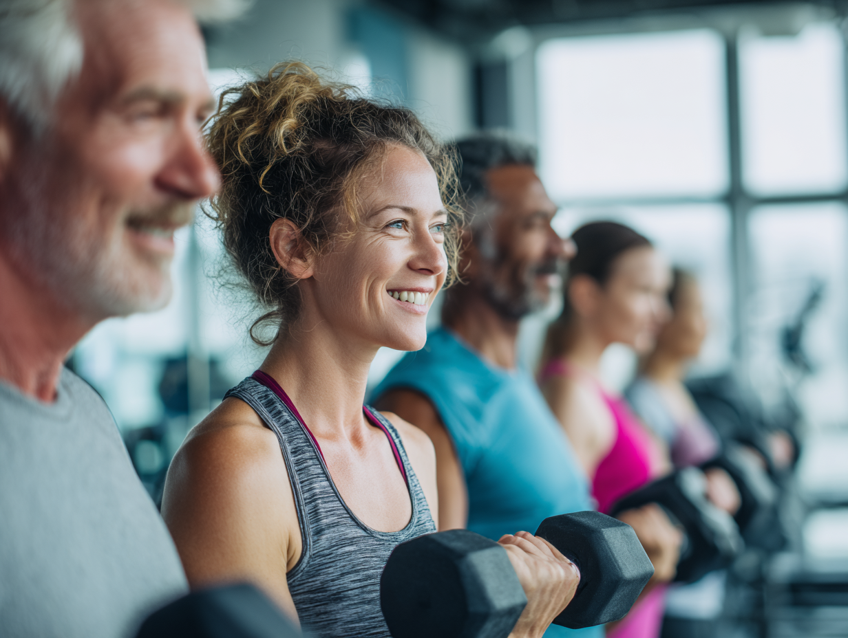 Tréner s klientmi rôzneho veku vo fitness centre