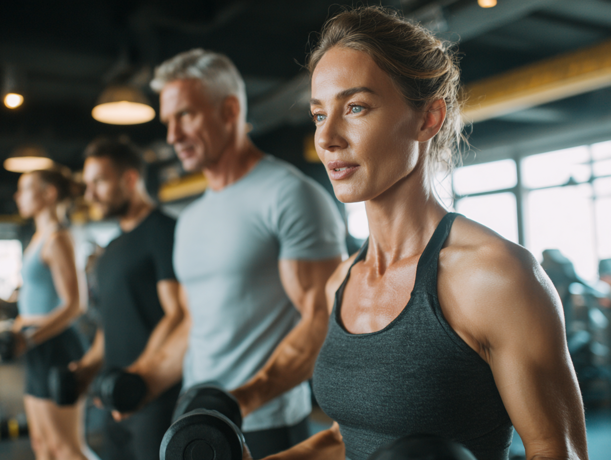 Ľudia rôzneho veku cvičia vo fitness centre